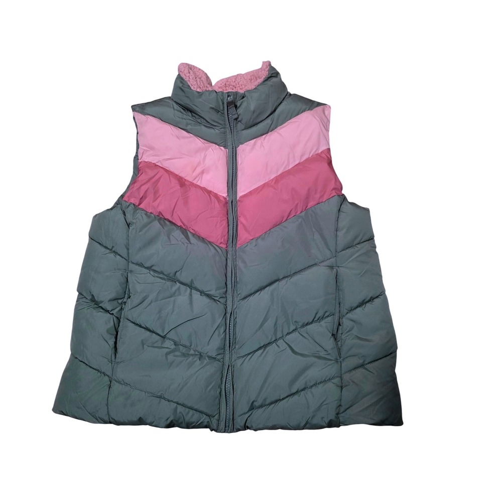 The Place Girls Puffer Vest Pink Gray Chevron Sherpa Lined Size XXL 16